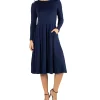 24Seven Comfort Apparel Women's Midi Length Fit And Flare Pocket Dress