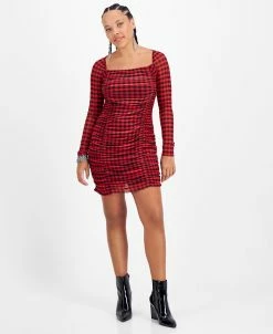 Bar III Women's Checkered Square-Neck Mesh-Overlay Ruched Mini Dress, Created For Macy's