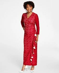 Kasper Lace Surplice V-Neck Ruffled Maxi Dress