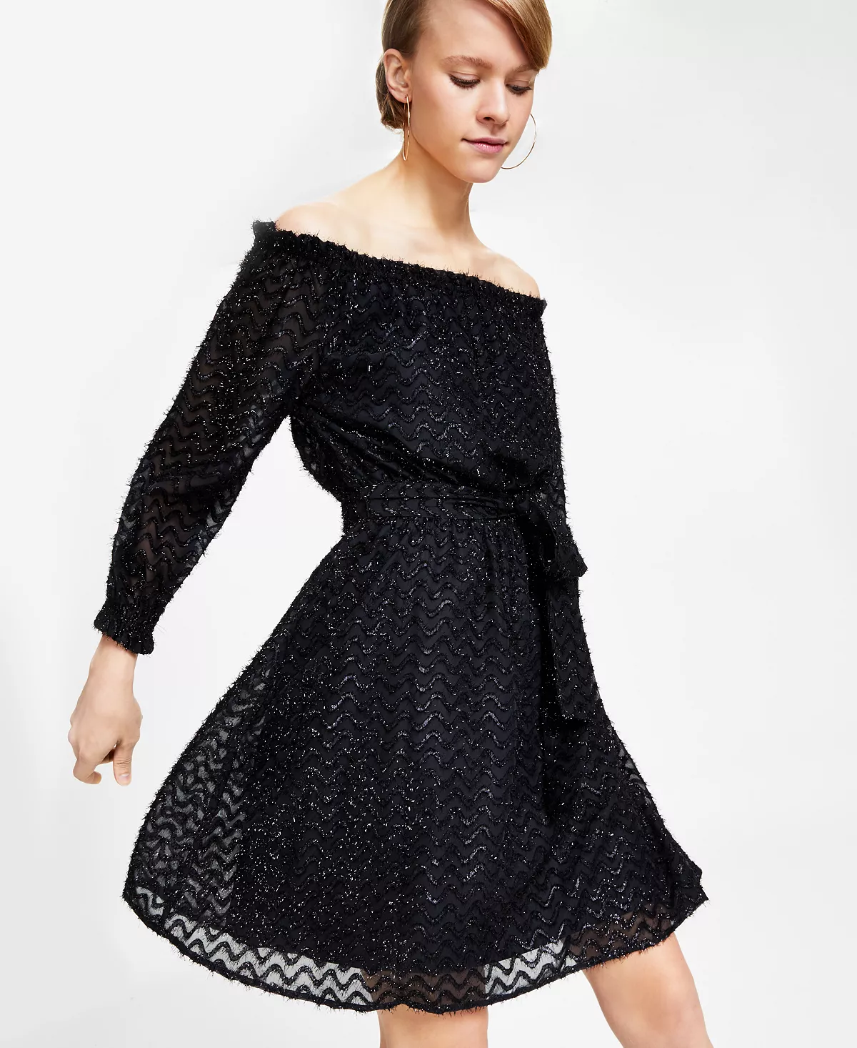 Bar III Women's Metallic Eyelash Off-The-Shoulder Dress, Created For Macy's 4 Bar III Women's Metallic Eyelash Off-The-Shoulder Dress, Created For Macy's - Image 4