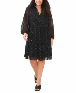 Vince Camuto Plus Size Dot-Print Tiered Long-Sleeve Dress