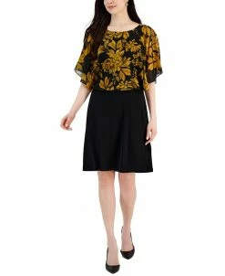 Connected Women's Flora-Print Cape-Overlay A-Line Dress
