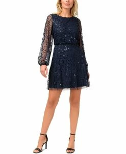 Papell Studio Women's Round-Neck Long-Sleeve Sequin Dress
