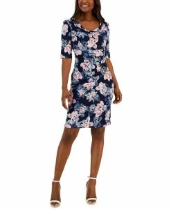 Connected Women's Floral-Print Elbow-Sleeve Sheath Dress
