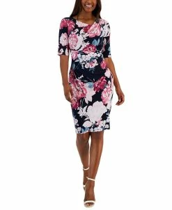Connected Women's Floral-Print Elbow-Sleeve Sheath Dress