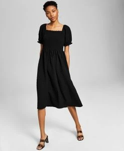 And Now This Women's Textured Smocked Puff Sleeve Midi Dress