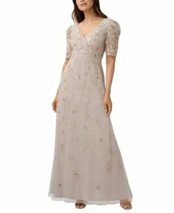 Adrianna Papell Women's Beaded Puff-Sleeve Surplice Gown