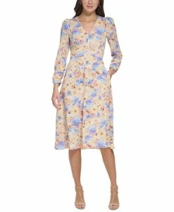 Vince Camuto Women's Floral-Print Cutout-Back Pebble-Crepe Midi Dress