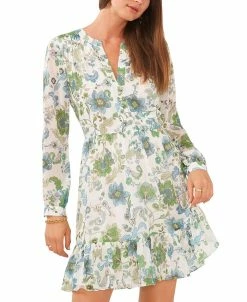 Vince Camuto Women's Printed Split-Neck Long-Sleeve Dress